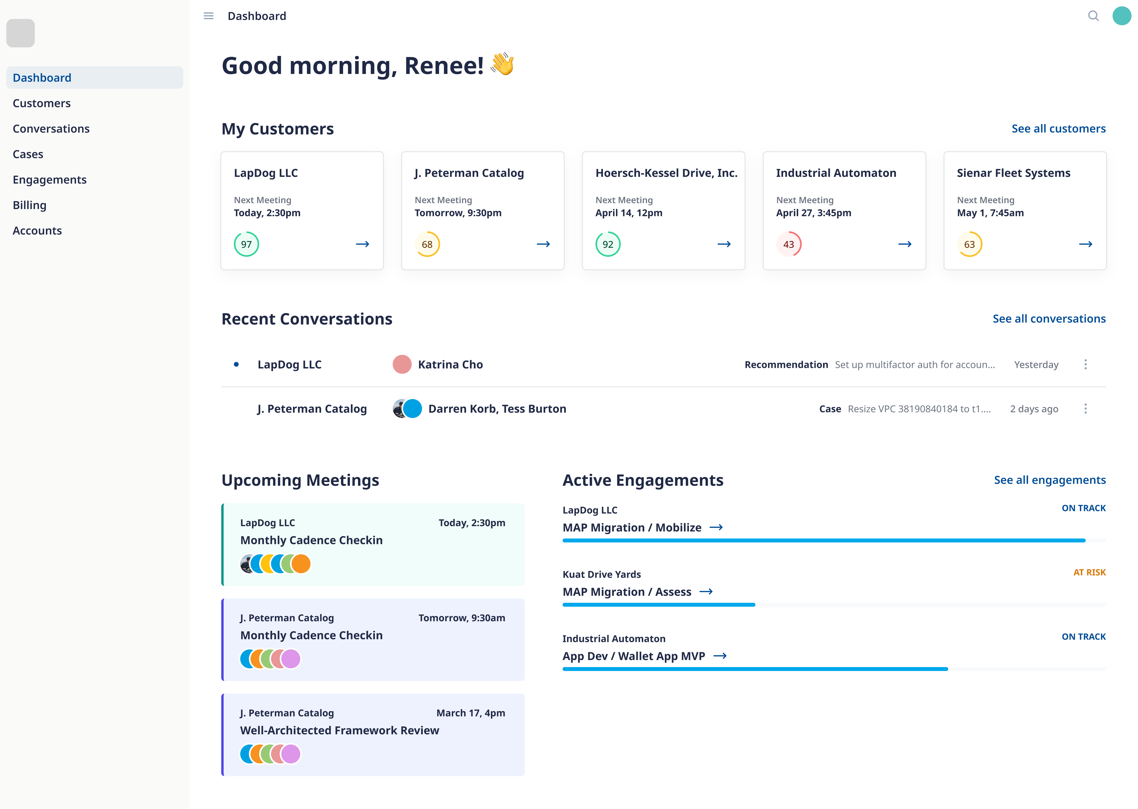 A rough conceptual dashboard from the pitch, showing customer activity and team data