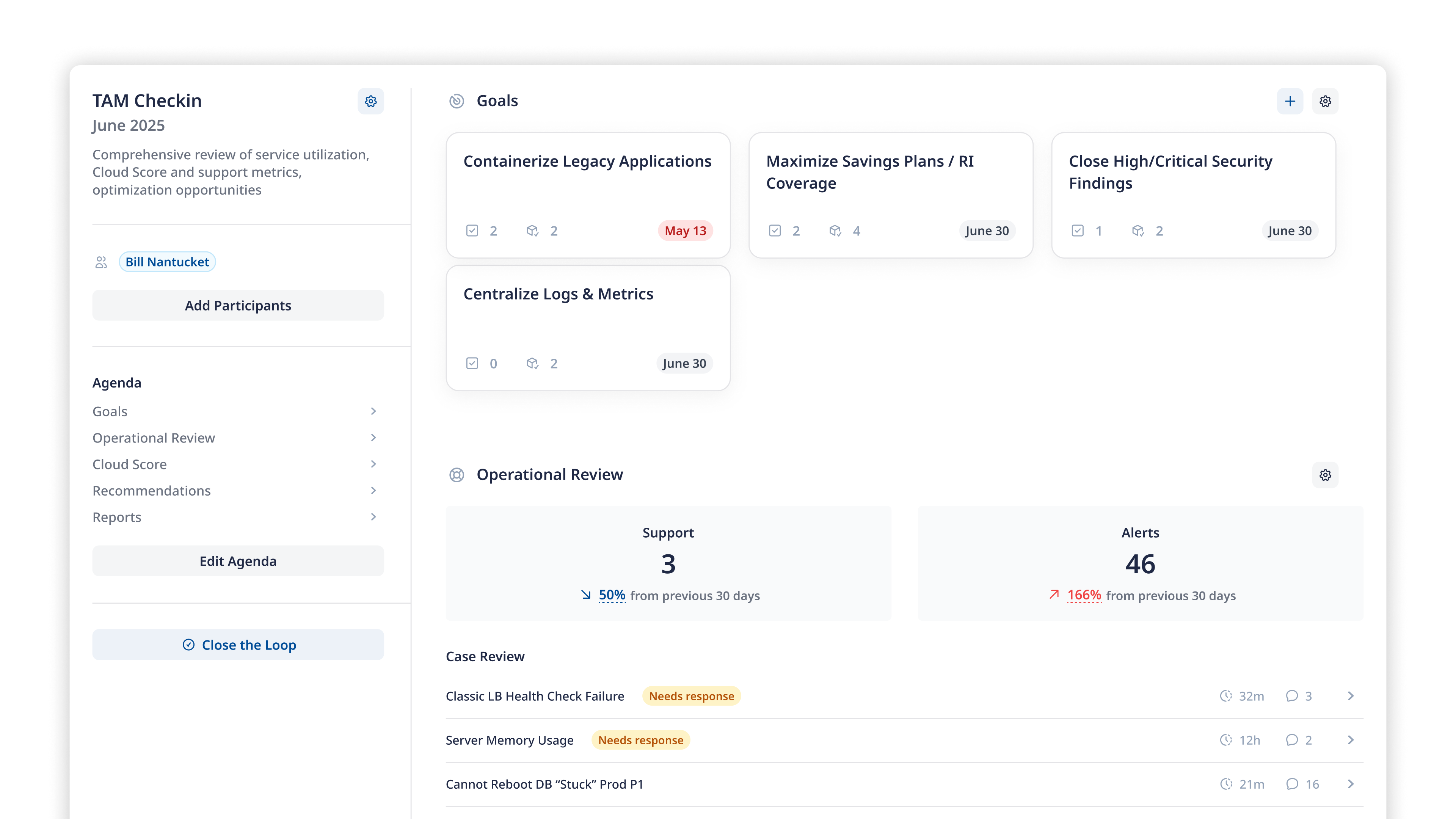 A TAM check-in loop in Mission Control showing live Cloud Score data, recommendations, and meeting agenda