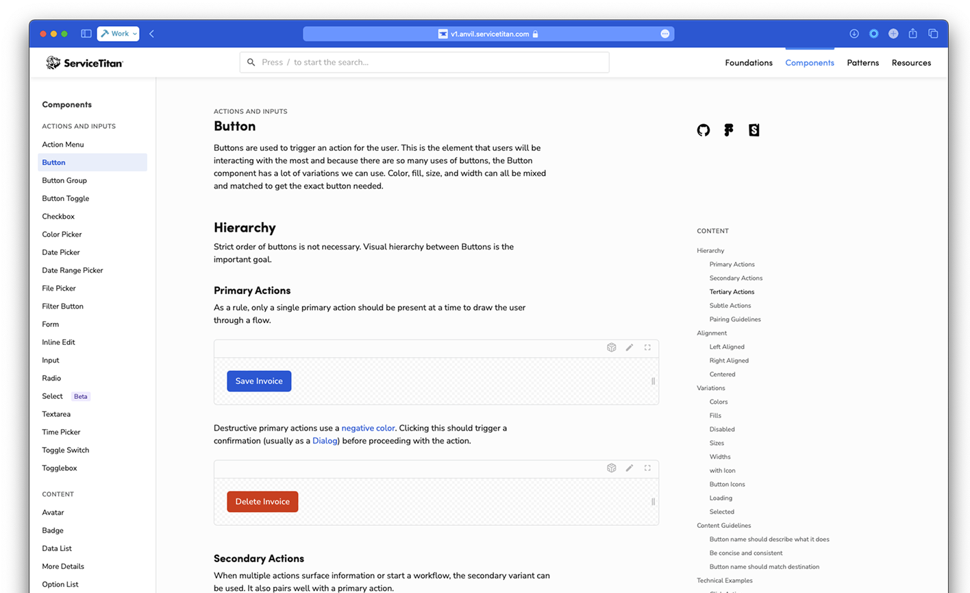 Anvil documentation site showing component categories and live examples