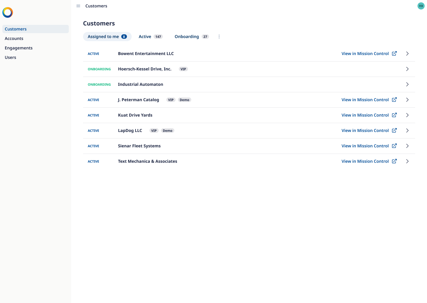 The MVP Customers list view, a simple searchable directory of every customer